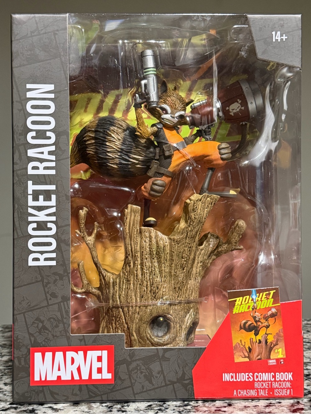 Marvel Rocket Raccoon Figure in Orange Outfit with Brown Tail